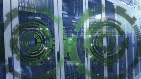 animation of loading circles and computer language over data server racks in server room