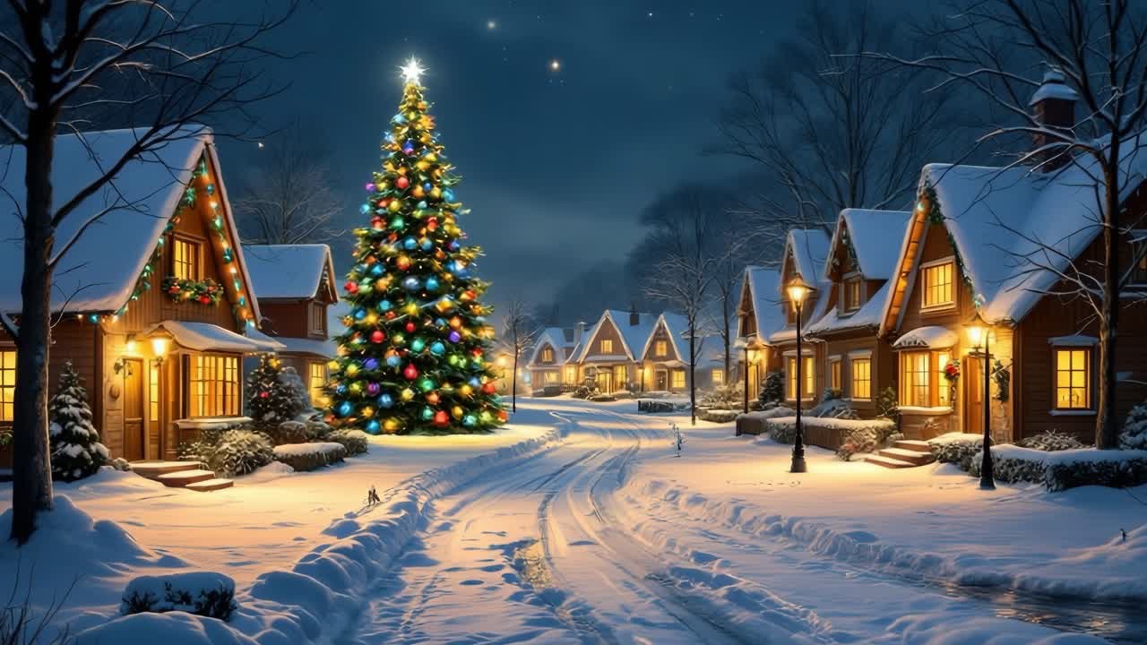 Large decorated Christmas tree stands in the middle of a snow covered street, illuminating cozy homes adorned with festive lights, creating a magical winter wonderland atmosphere