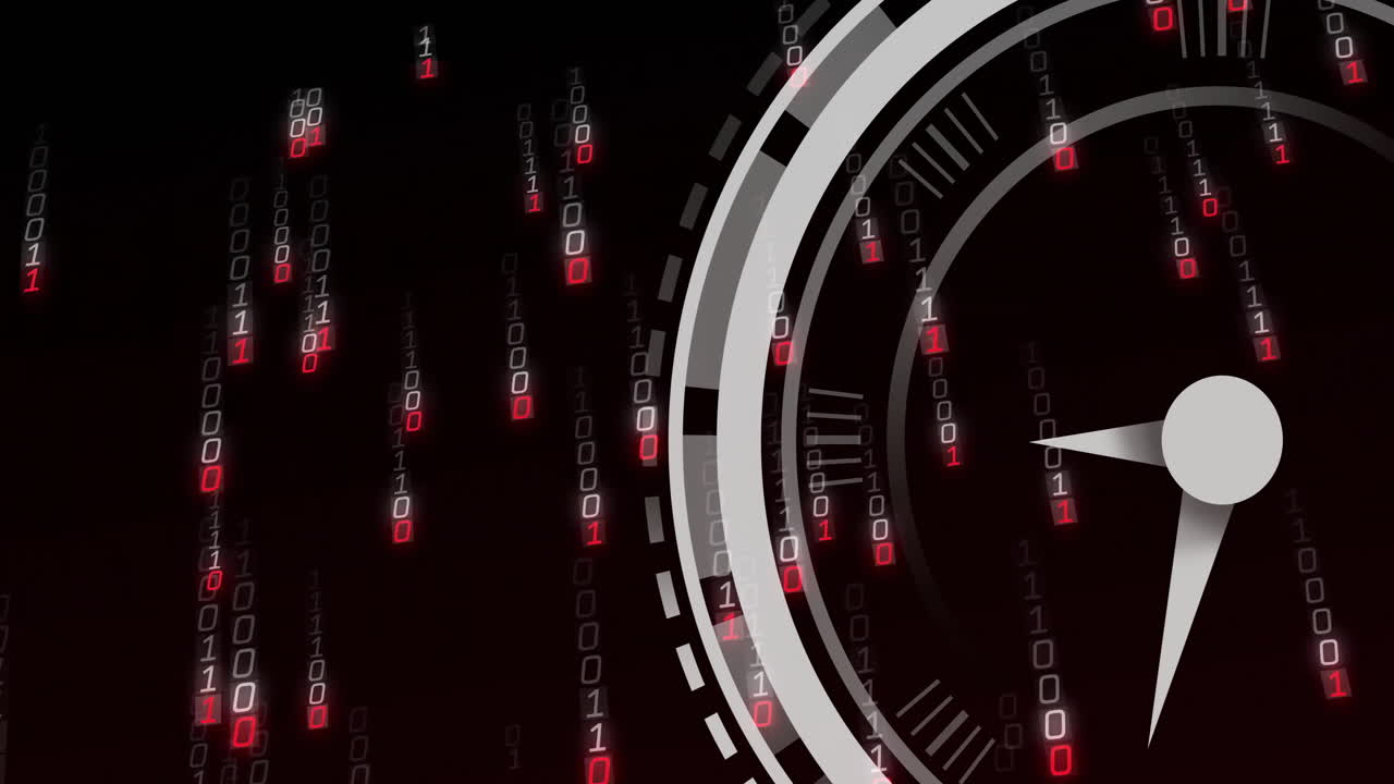 Animation of moving clock over data processing on black background