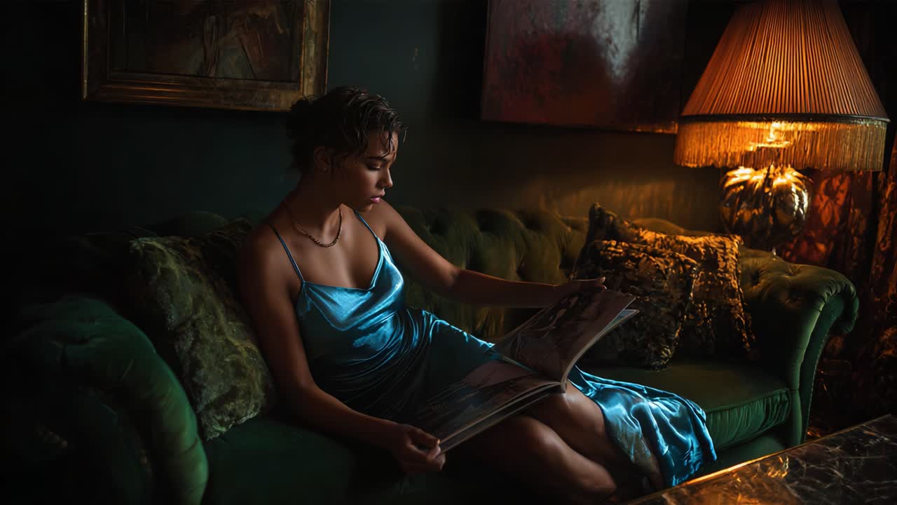 A Serene Evening: A Woman in a Blue Satin Dress Sitting Comfortably on a Green Velvet Sofa, Engrossed in a Magazine, Surrounded by Warm Ambient Light and Decor That Exudes Elegance and Relaxation
