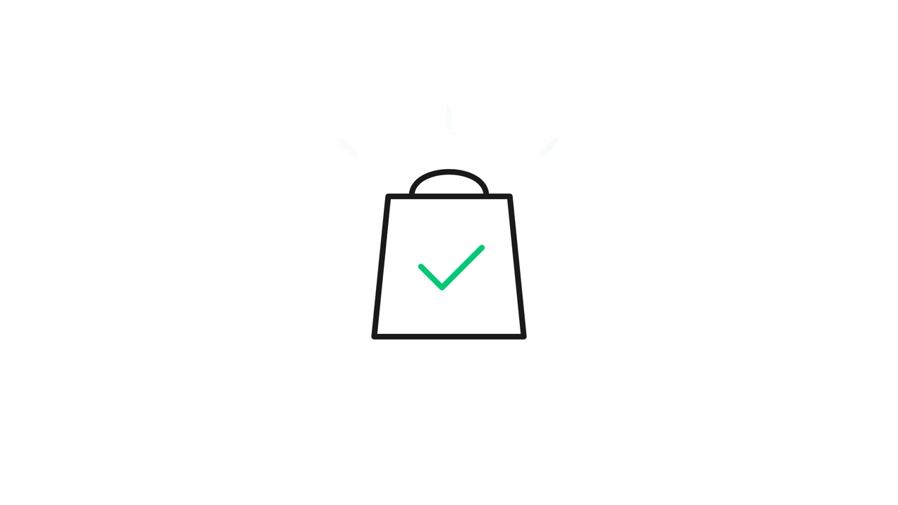 Disegno al tratto animato di una borsa della spesa con un segno di spunta