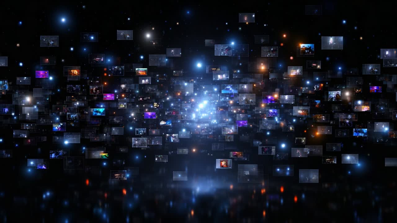 A Dynamic Visual Compilation Showcasing an Expansive Universe of Multimedia Frames with Vivid Lights and Distinct Imagery Creating a Captivating Display of Images in Transition