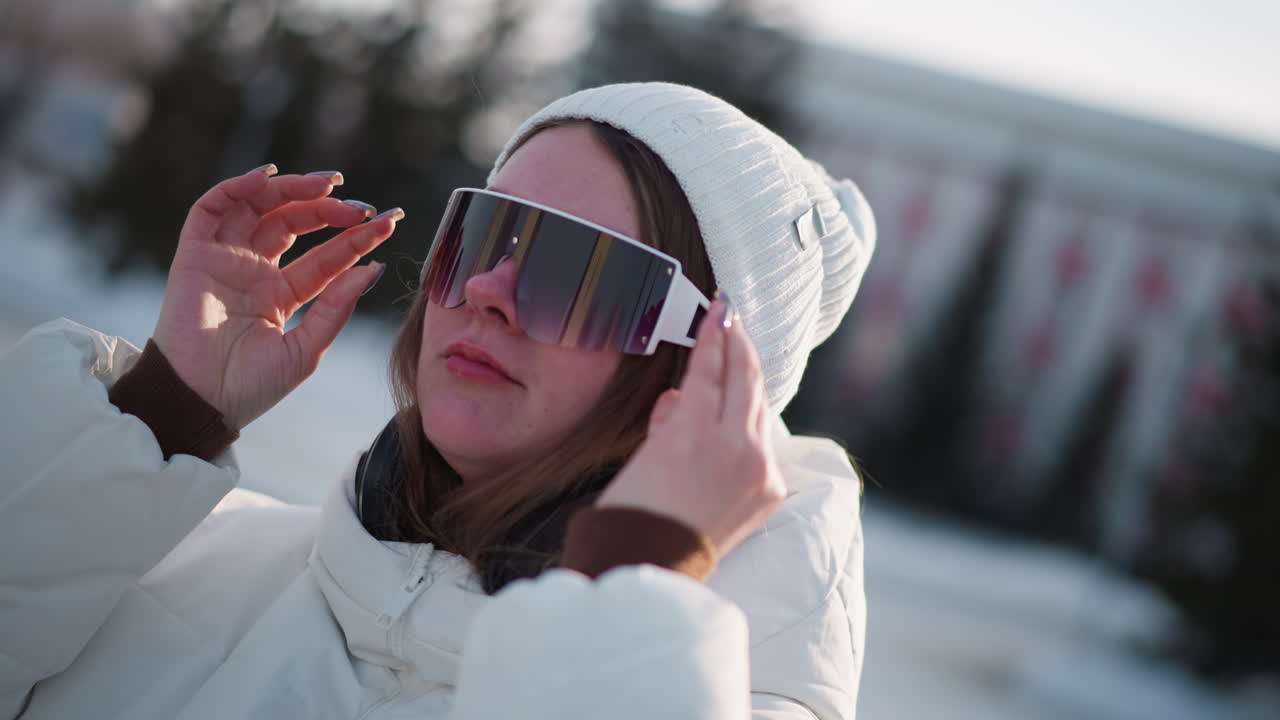 Close up of radiant young woman wearing white beanie and coat, adjusting tinted goggle glasses over eyes, headphones draped around neck, rosy cheeks shining under winter sun, breeze lifting hair