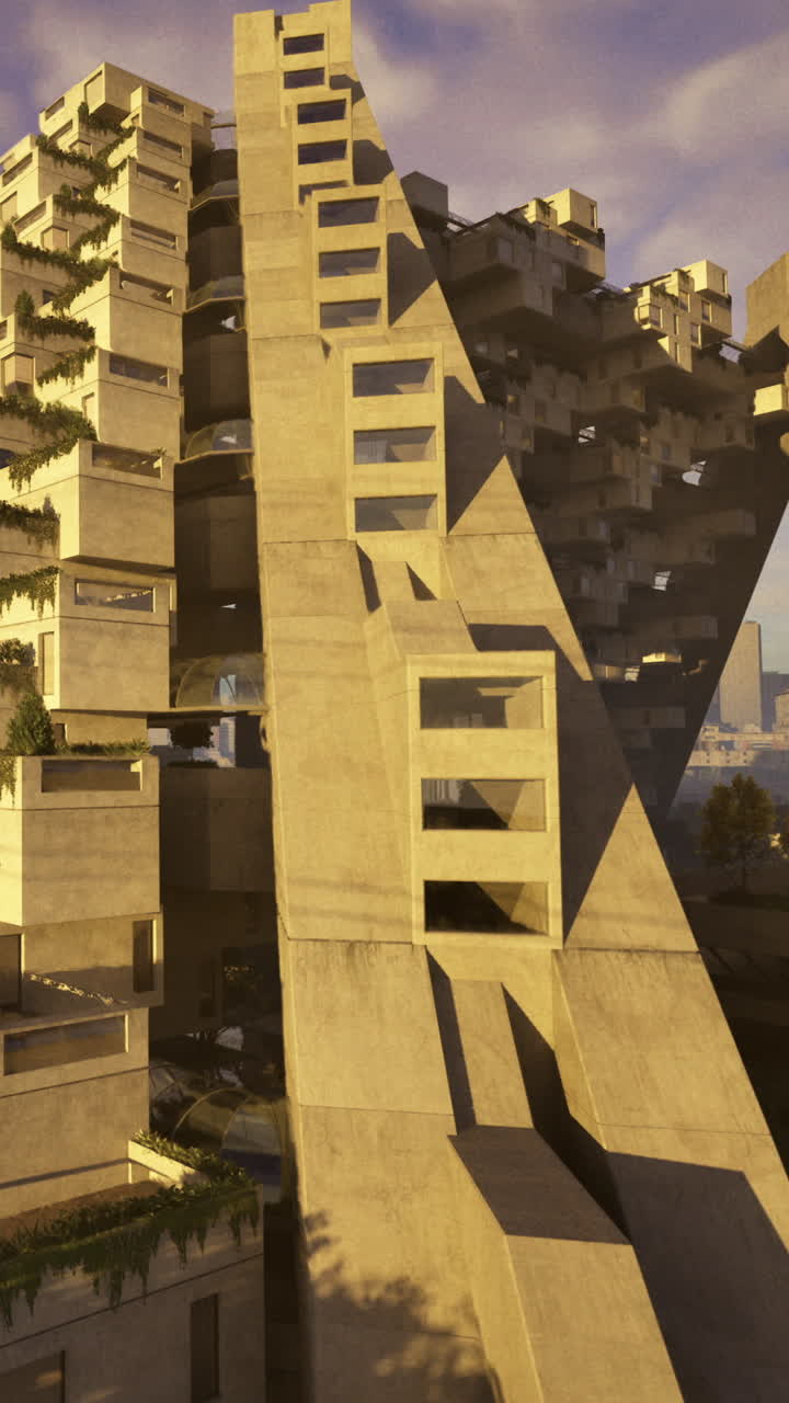 Estrutura de concreto única com design inclinado e espaços verdes em ambiente urbano.