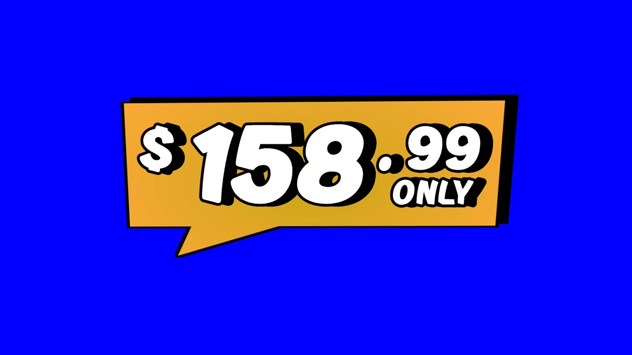 Animazione a soli 158,99 €, cartellino del prezzo in grafica in movimento all’interno di un fumetto su sfondo blu. Perfetta per annunci pubblicitari, e-commerce, vendita al dettaglio, sconti e video promozionali, elemento video per business concept