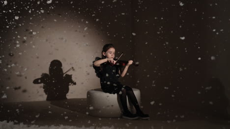 young girl playing violin in a winter wonderland setting