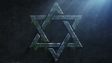 high quality dramatic motion graphic of the jewish star of david icon symbol, rapidly eroding and cracking and sprouting moss and weeds, with atmospheric light rays and dust motes