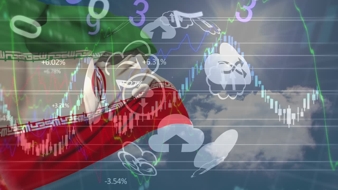 금융 데이터 처리의 애니메이션과 이란의  ⁇ 발 위에 숫자를 가진 지구