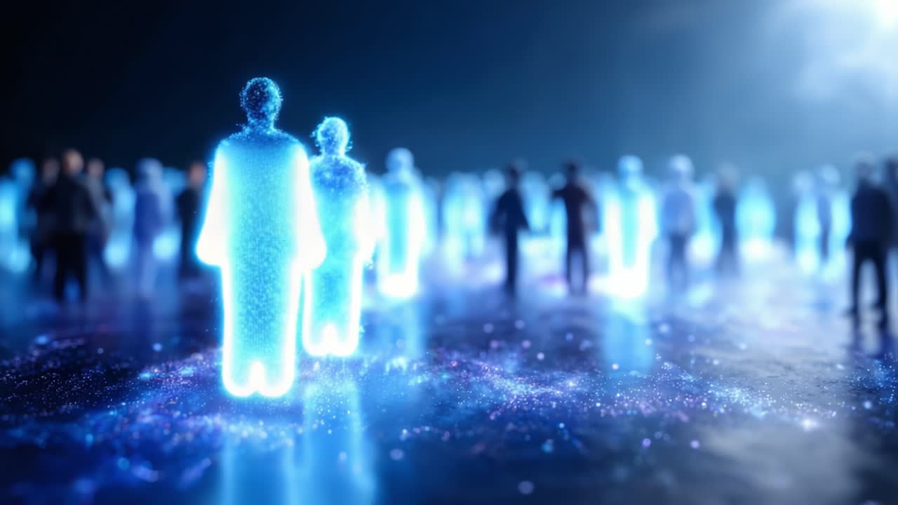 A Captivating Digital Gathering: Ethereal Figures Emerge in a Dazzling Display of Light and Motion, Showcasing a Futuristic Vision of Connectivity and Existence