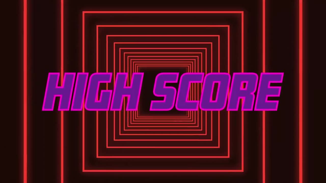 animación de un banner de texto de alta puntuación sobre formas cuadradas rojas en un patrón sin costuras sobre fondo negro