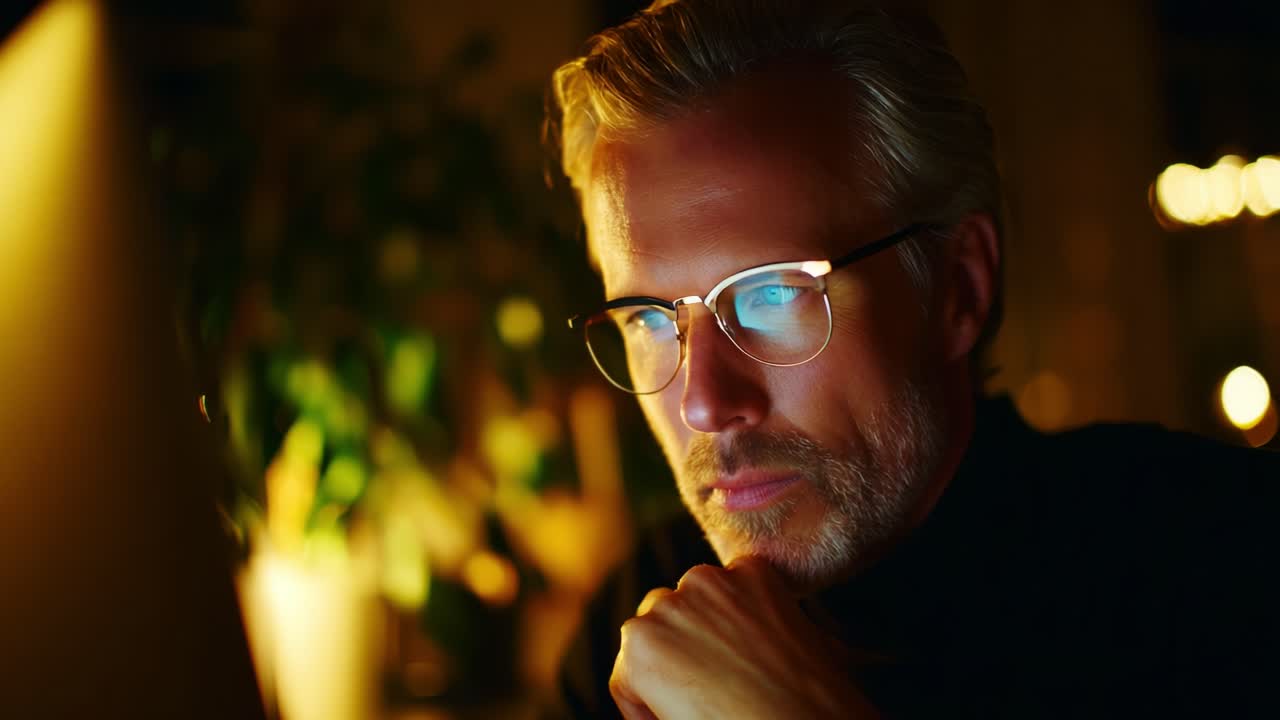 Focused Professional Working Late at Night on Laptop, Engaged in Intense Thought or Analysis with Soft Lighting, Highlighting the Reflection of Screen in Glasses and Background Ambiance