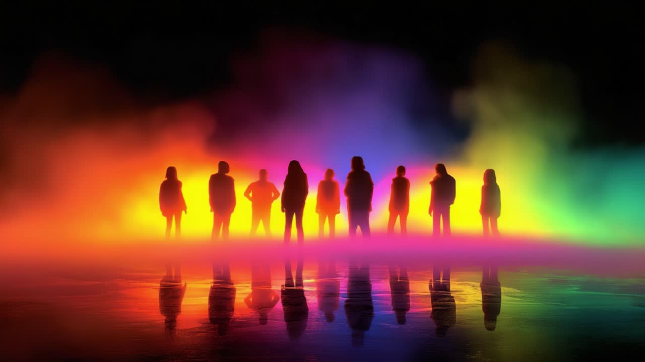 A Mesmerizing Display of Color and Light: Silhouettes Emerge Amidst a Vibrant Fog, Creating a Stunning Visual Experience that Captivates the Imagination and Transports Viewers to a Dreamlike Realm of Mystery