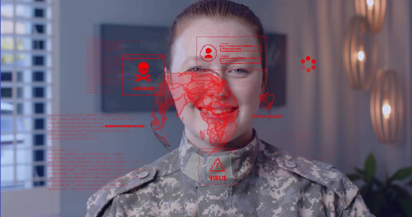 Mid-adult female soldier standing in command room projecting threat map and verifying security