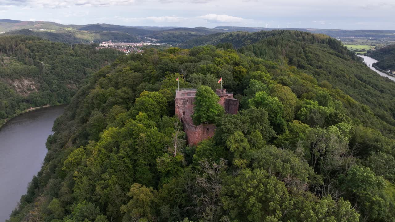 Aerial drone view on the Montclair castle, on the mountain in the Saarschleife, Germany.