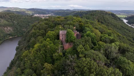 aerial drone view on the montclair castle, on the mountain in the saarschleife, germany.
