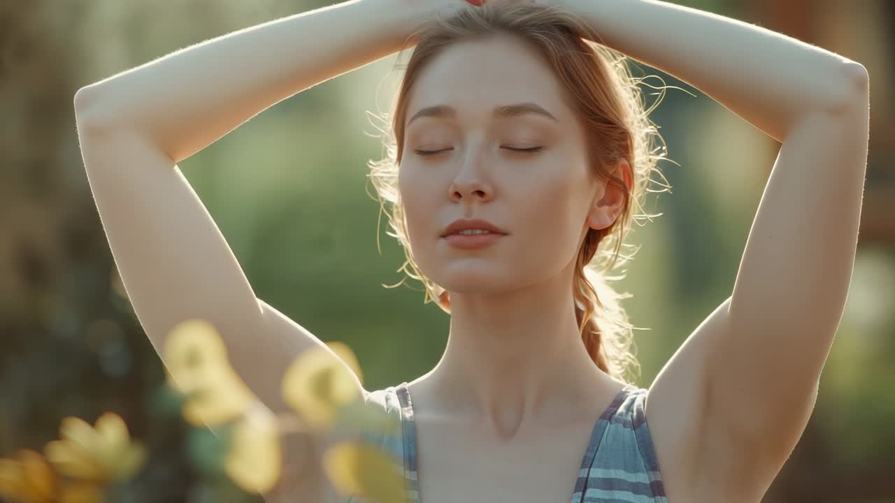 On entering backyard garden, woman lifting arms behind head for meditation among yellow flowers