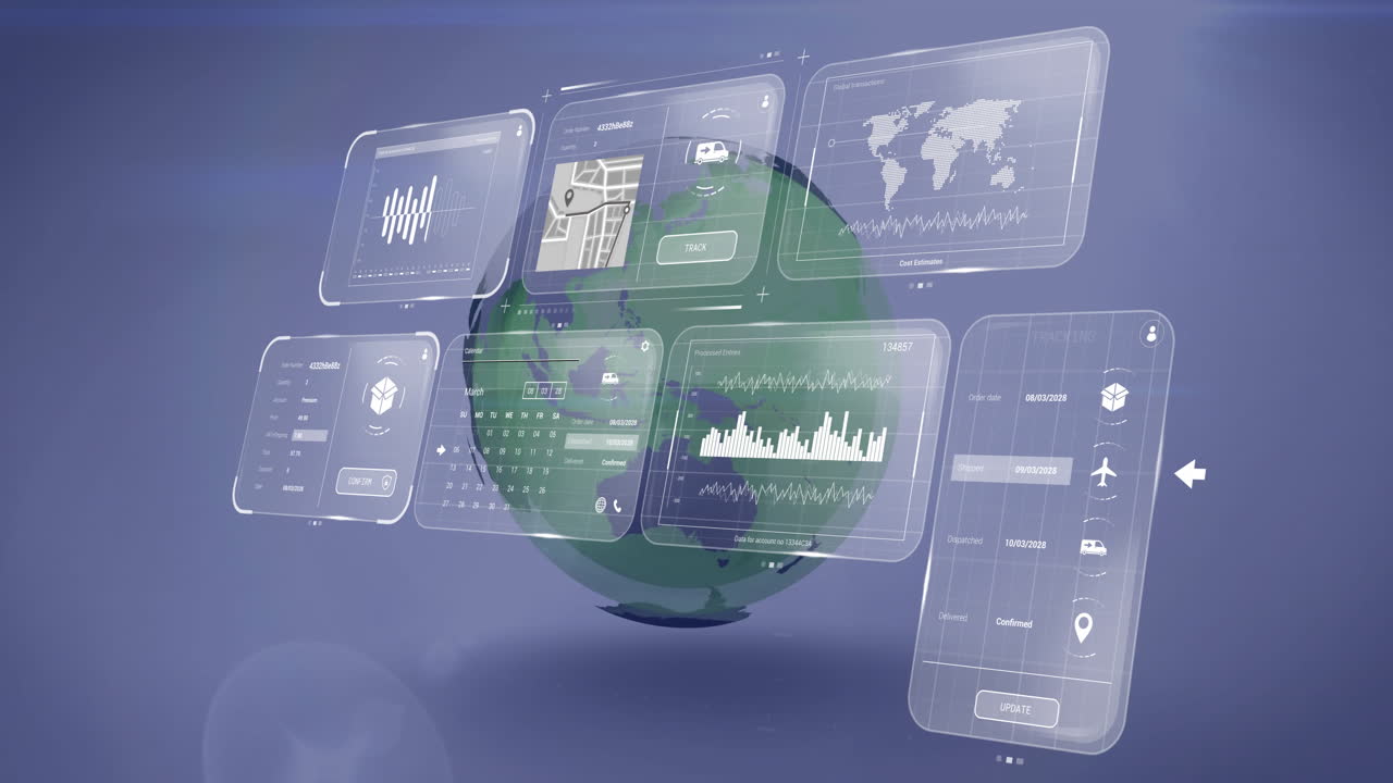 Global data analytics and graphs overlay rotating earth in digital interface