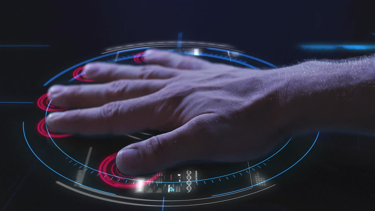 Animation of man's hand touching interactive screen reading fingerprints and data processing