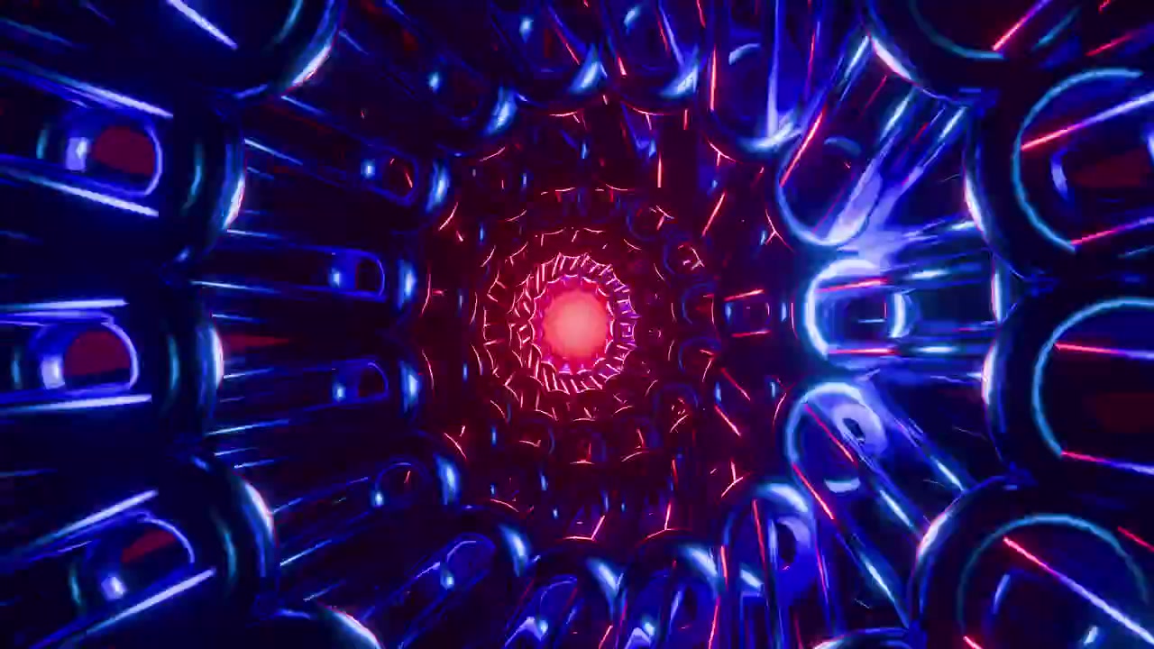 Infinite flight through a dark metallic pipe tunnel with a glowing pink and red central core. 3D rendering
