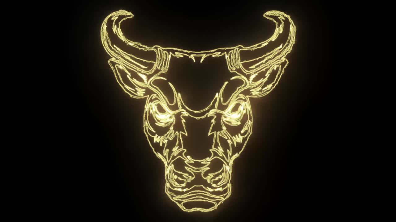 흑색 배경에 불타는 화가 난 황소 머리 애니메이션, 불과 반이는 빛 효과의 애니메이션.