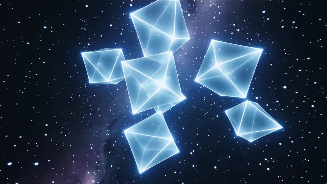 Orbiting camera showing seven glowing solids rotating, compressing then receding through nebula