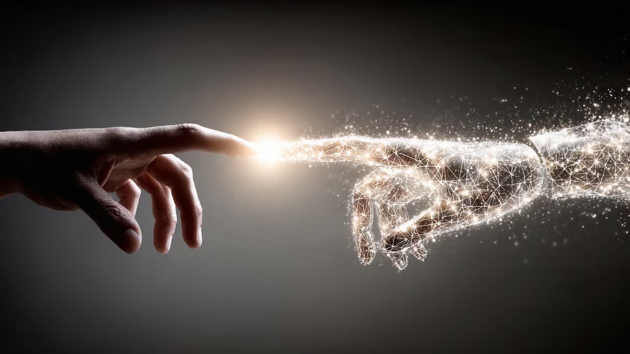 A Captivating Moment of Connection: A Human Hand Reaching Out to a Glowing, Sparkling Hand, Symbolizing the Intersection of Humanity and Technology in a Digital Realm