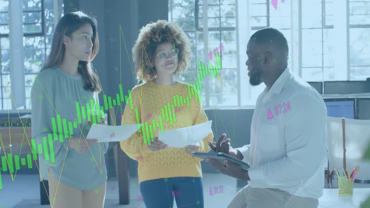 Data processing and green graph over diverse colleagues discussing at casual office meeting
