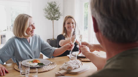 familia con padres ancianos y hijos adultos hacen un brindis antes de comer la comida alrededor de la mesa en casa