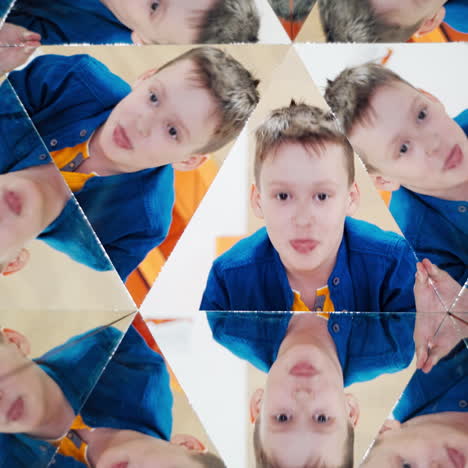 world of reflections of child. child in a kaleidoscope tunnel. museum of science