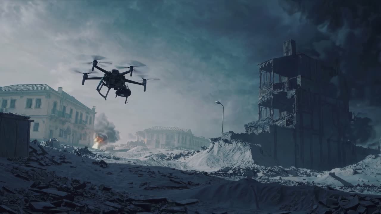 Vista aerea di un paesaggio urbano post-apocalittico con un drone che acquisisce video