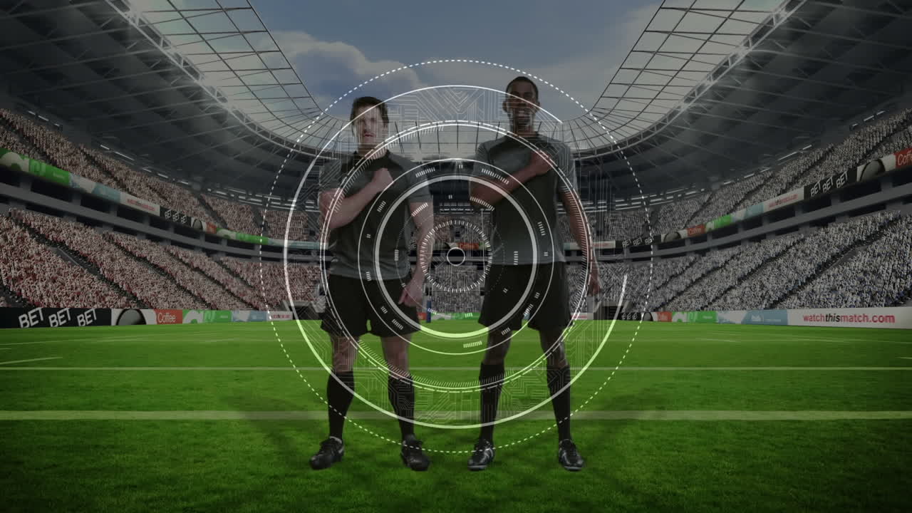 스타디움에서 다양한 럭비 선수들에 대한 데이터 처리 애니메이션