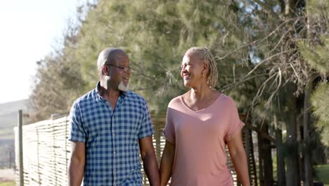 Happy-senior-african-american-couple-holding-hands-and-walking-in-sunny-nature,-slow-motion