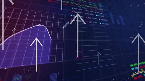 Animación-De-Flechas-Hacia-Arriba-Sobre-Múltiples-Gráficos-Y-Tableros-Comerciales-Contra-Un-Fondo-Abstracto