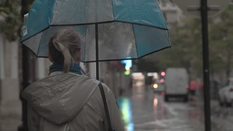 Frau-Mit-Regenschirm-Am-Herbstabend