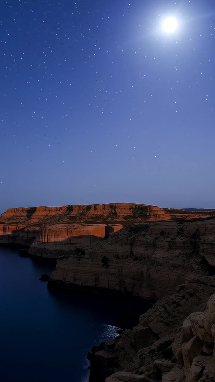 Vertikal video: Lysende måne bader klippefyldte kystklipper og rolig bugt, afslører varme detaljer.