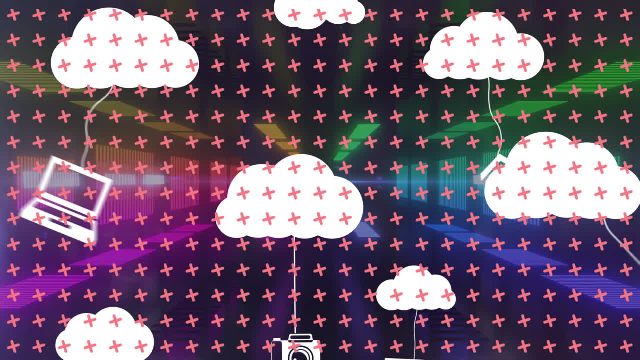 Animation of colorful abstract background with white clouds and pink plus signs