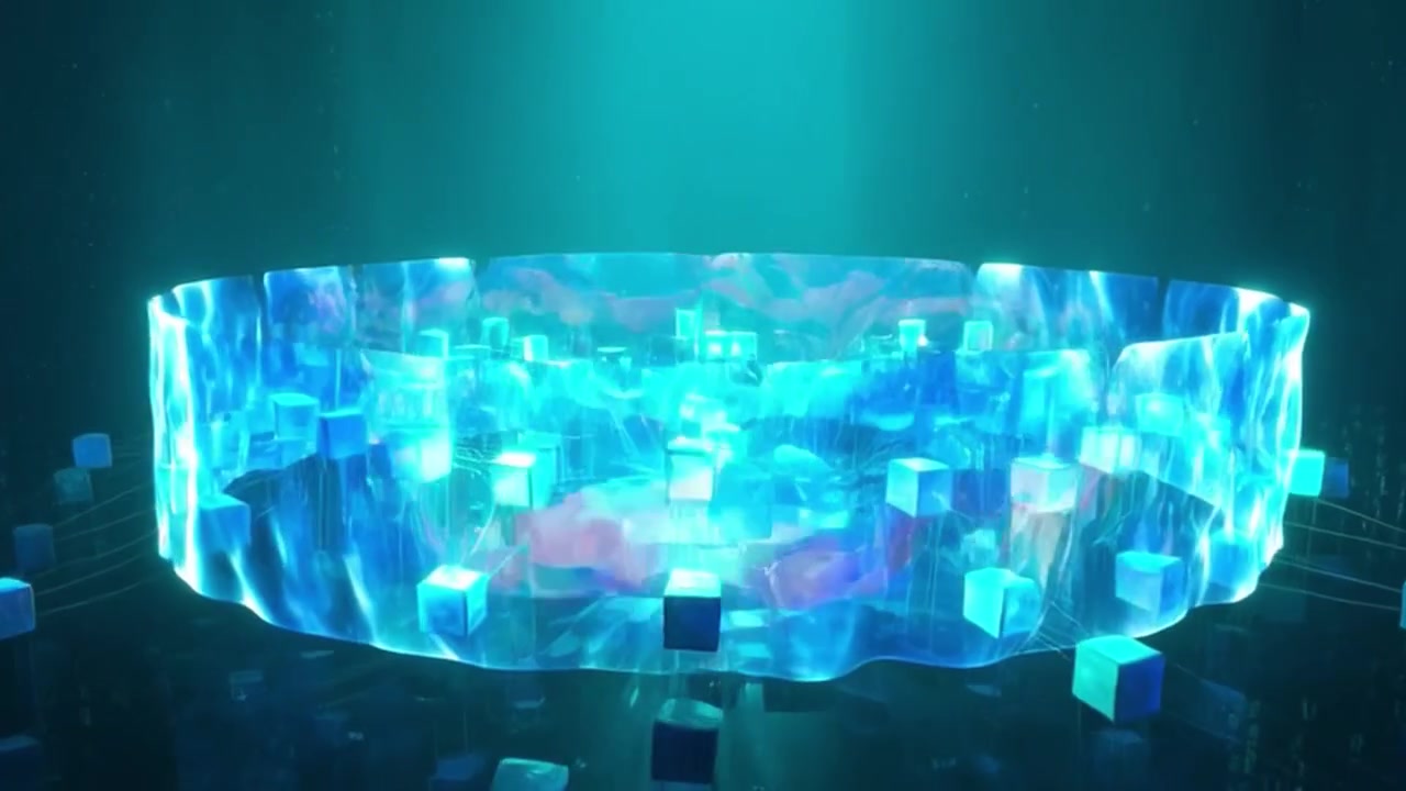 Digital Blockchain Network Visualization with Glowing Data Cubes