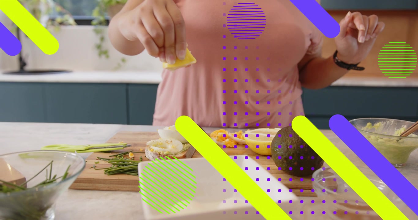 Woman juicing lemon on board plating veg, grinding pepper while graphics overlaying to serve food