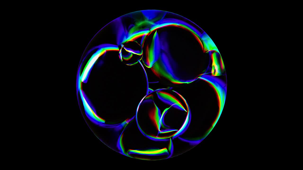 3D Abstract Color Animated Background. Isolated Multicolored Sphere in Dark Area. Active Rotating Liquid Colorful Balls. Wave Spherical Spectral Color Gradient. Rainbow Light Refraction Object Closeup