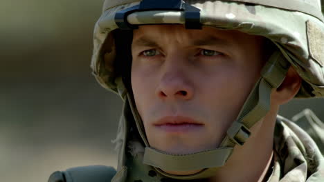 close-up portrait of a soldier in military helmet