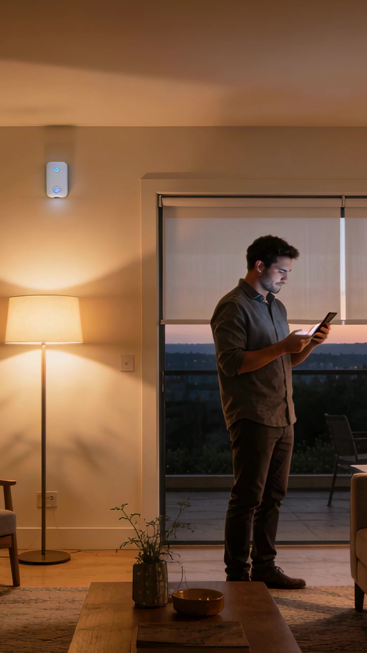 Vertical video: Standing by glass door man wearing shirt holding smartphone tapping under warm lamp