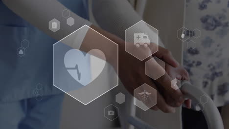 animación de iconos médicos y procesamiento de datos sobre enfermera caucásica con paciente mayor
