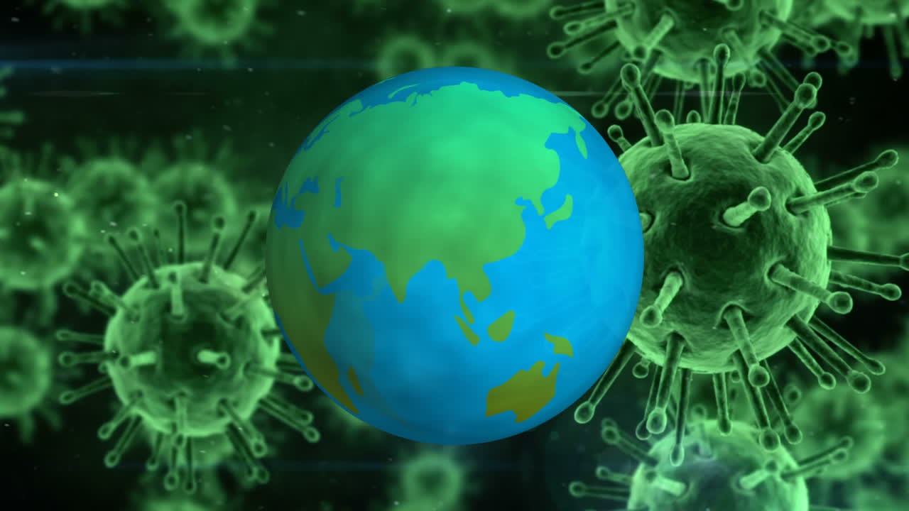 animación del virus de la corona verde con el globo mundial