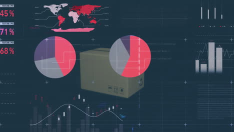 Animation-of-financial-data-processing-over-cardboard-box-on-black-background