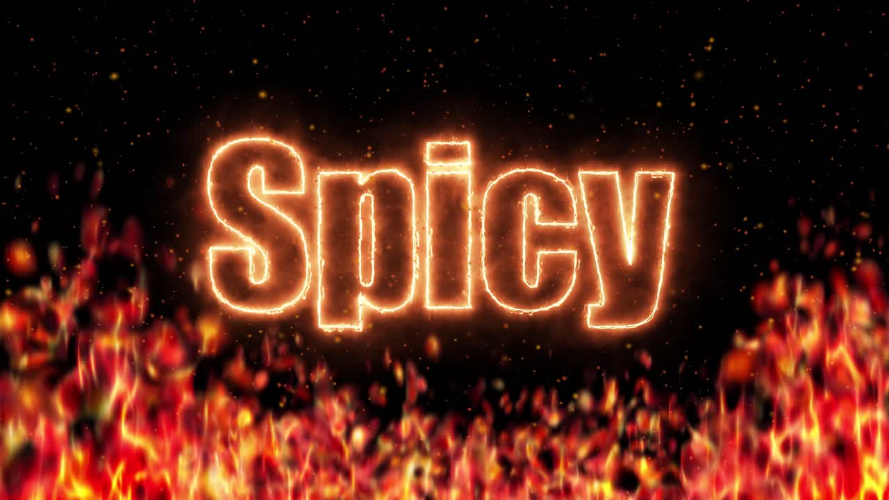 Glowing orange text pulses above realistic flickering flames with rising embers on black background
