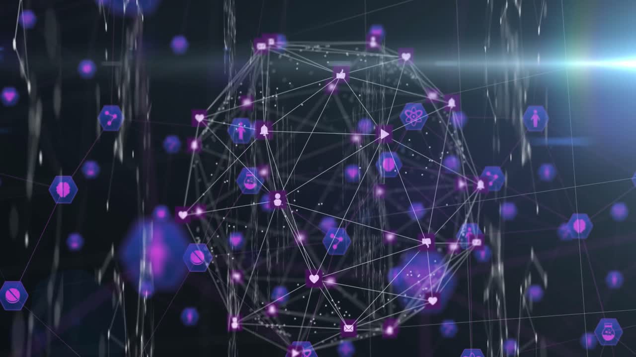 globo de iconos digitales contra un fondo negro