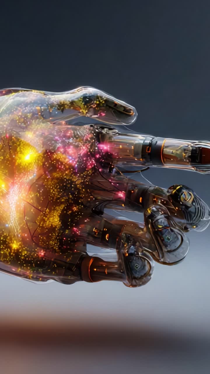 A Sci-Fi Glimpse into the Future: A Transparent Robotic Hand Interacting with a Universe of Colorful Stars and Cosmic Wonders in an Artistic Render
