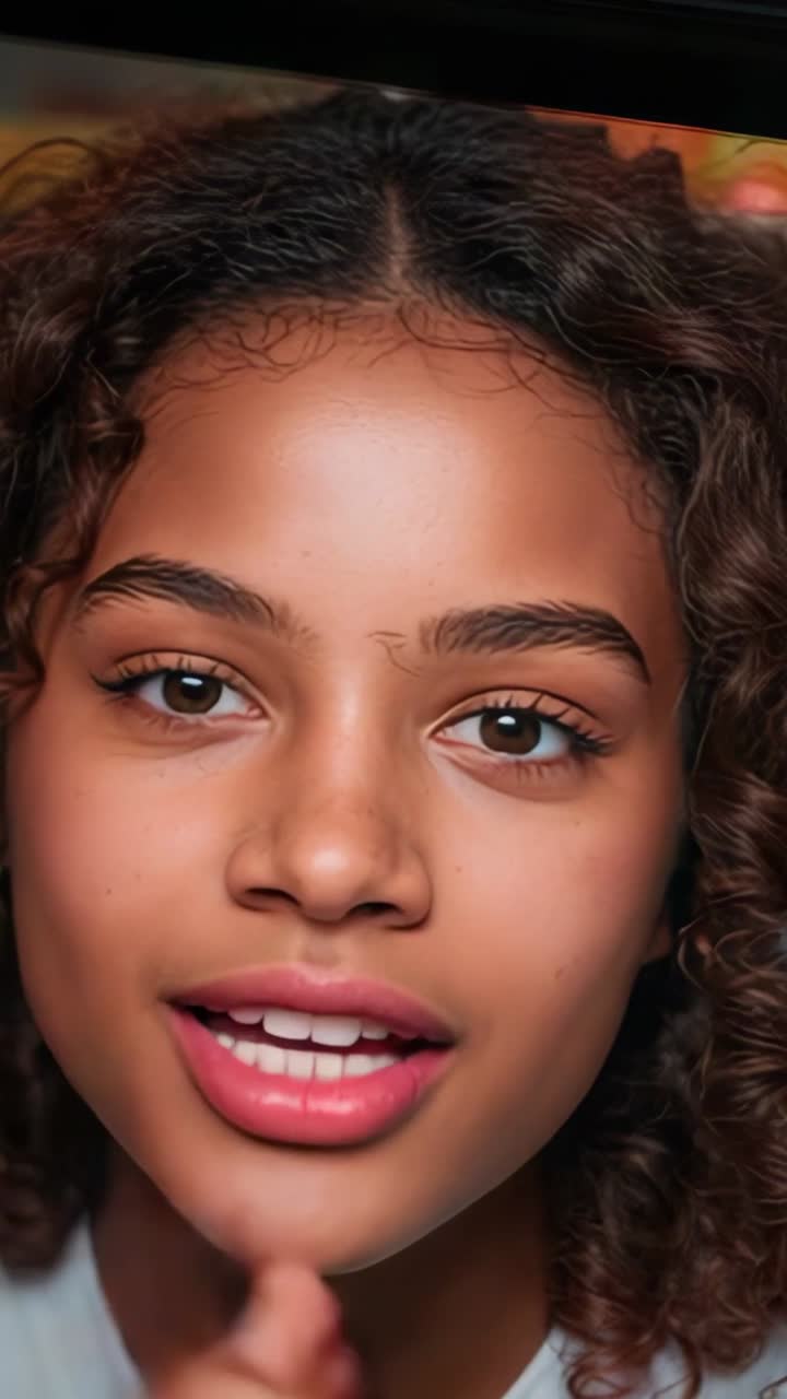 Vertical video: Camera starting teenage girl smiling then speaking into lens in studio, for speech