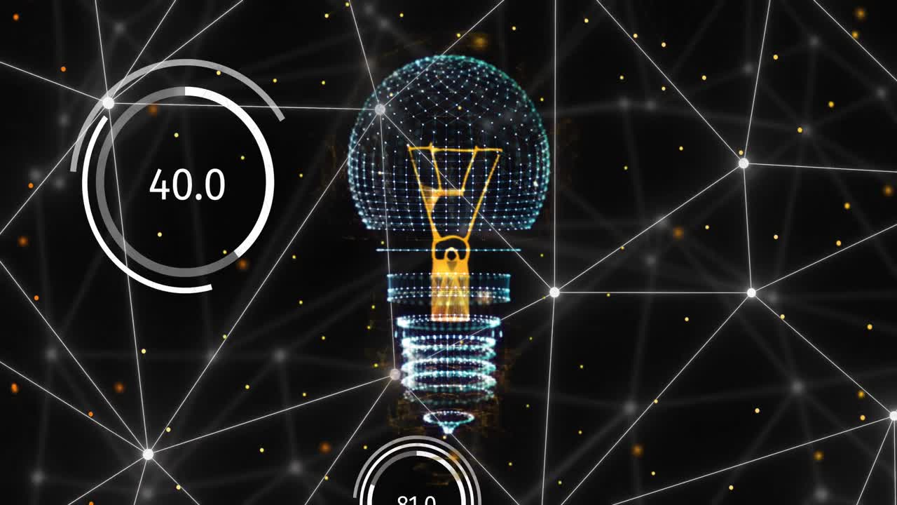 Animation of network of connections and light bulb over black background