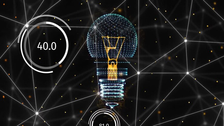 Animation of network of connections and light bulb over black background